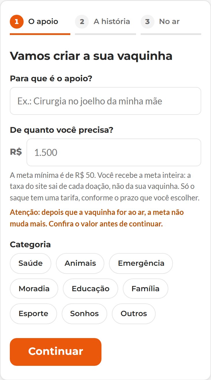 A primeira tela: para que é o apoio, de quanto você precisa e a categoria